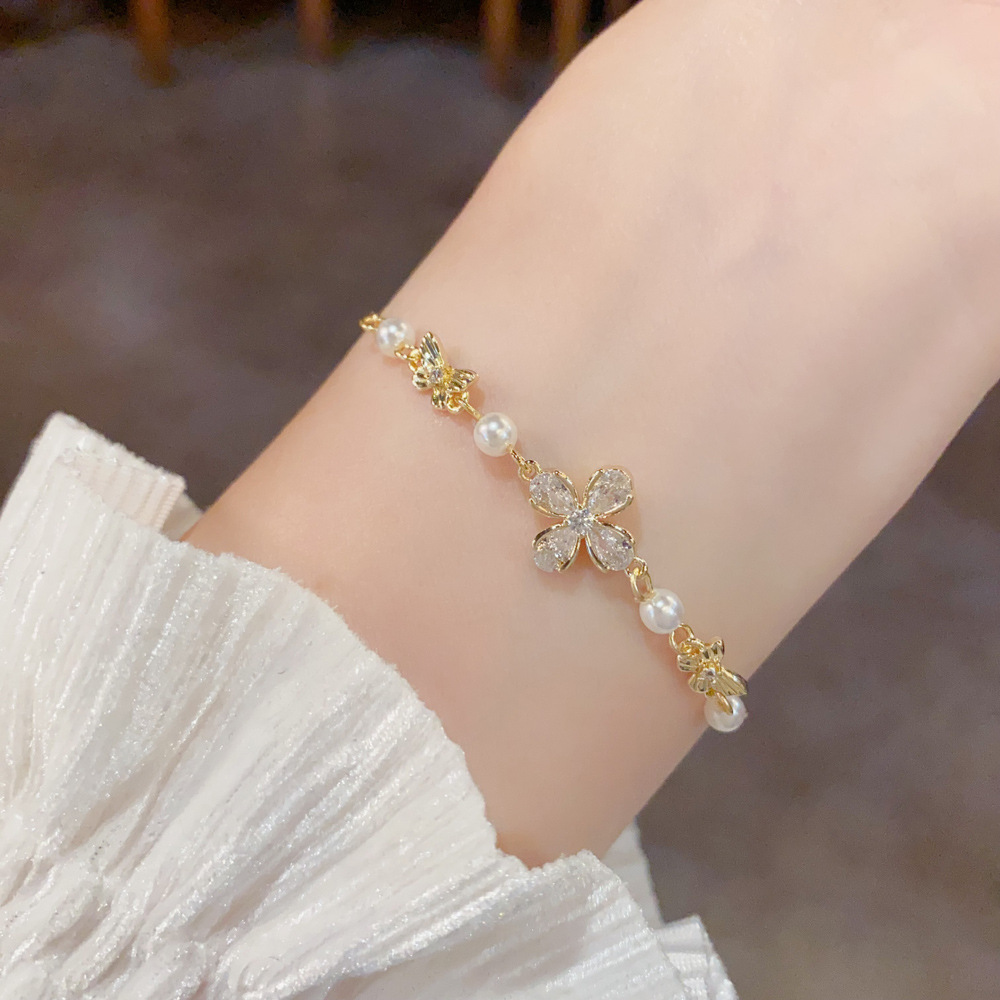 Zircon Petal Bow Pearl Bracelet | Gold & Silver Delicate Bracelet for Women