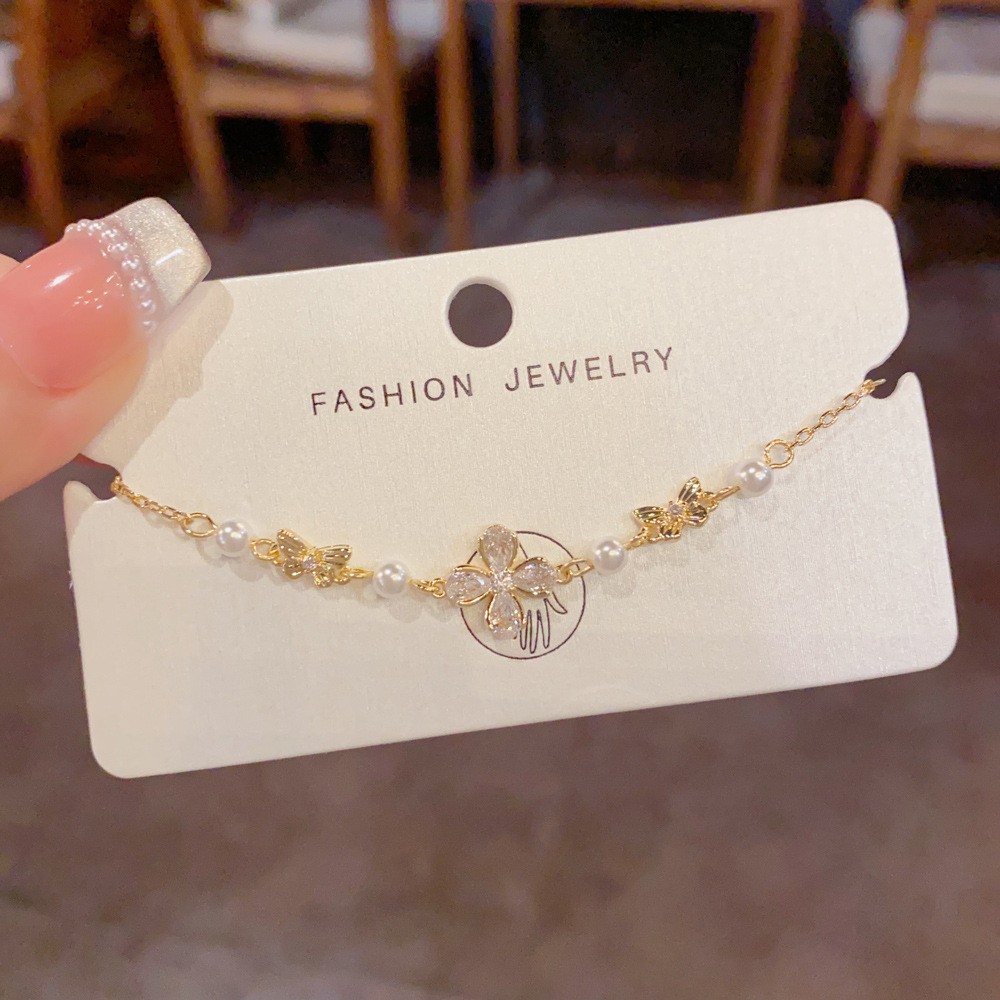 Zircon Petal Bow Pearl Bracelet | Gold & Silver Delicate Bracelet for Women