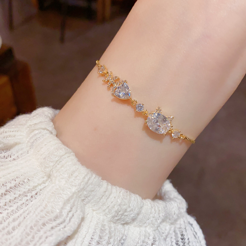 Zircon Cat Fishbone Slider Bracelet | Gold & Silver Sparkling Luxury Bracelet