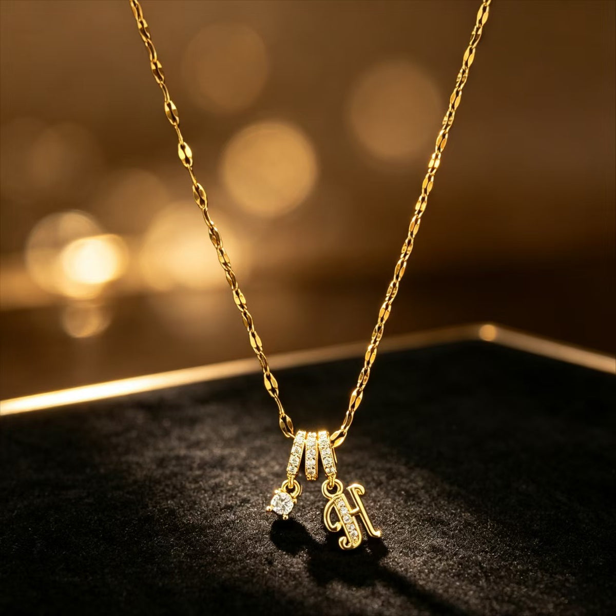 Copper Zircon Letter Necklace | Gold-Tone A-Z Initial Pendant | Stainless Steel Lip Chain