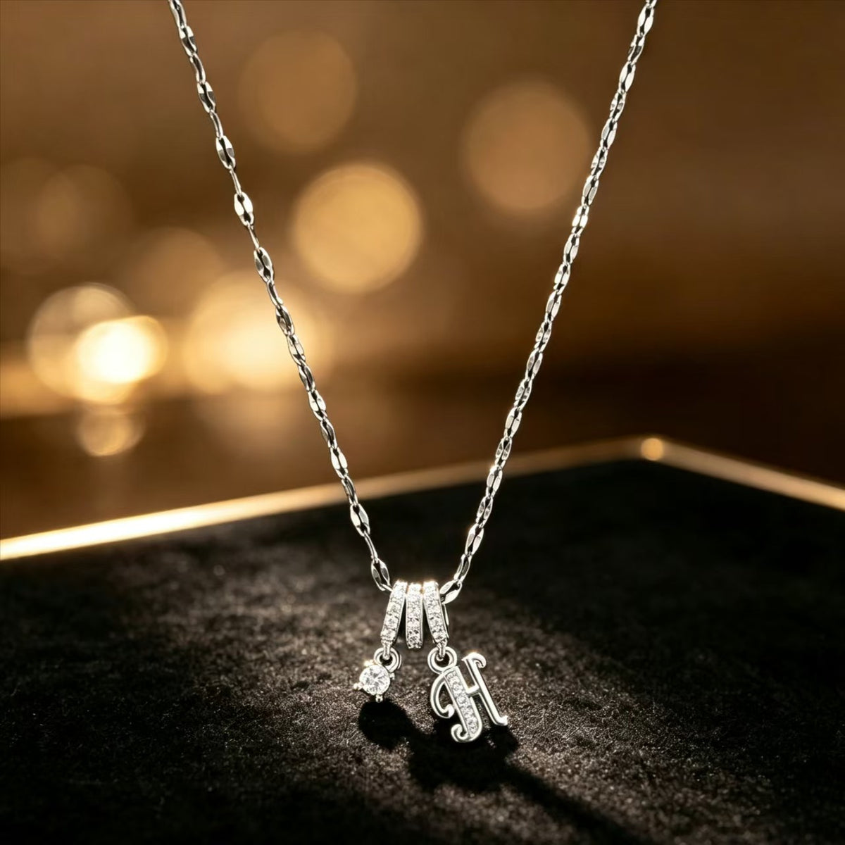Copper Zircon Letter Necklace | Silver-Tone A-Z Initial Pendant | Stainless Steel Lip Chain