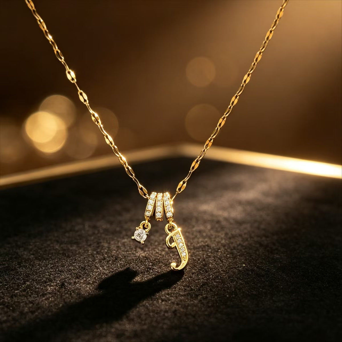 Copper Zircon Letter Necklace | Gold-Tone A-Z Initial Pendant | Stainless Steel Lip Chain
