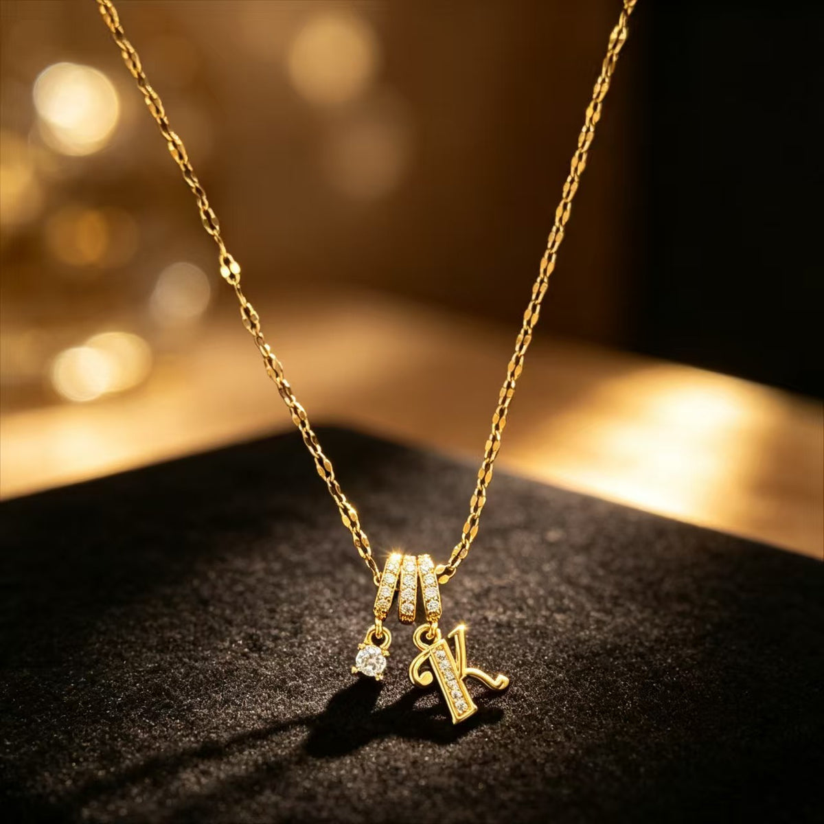Copper Zircon Letter Necklace | Gold-Tone A-Z Initial Pendant | Stainless Steel Lip Chain