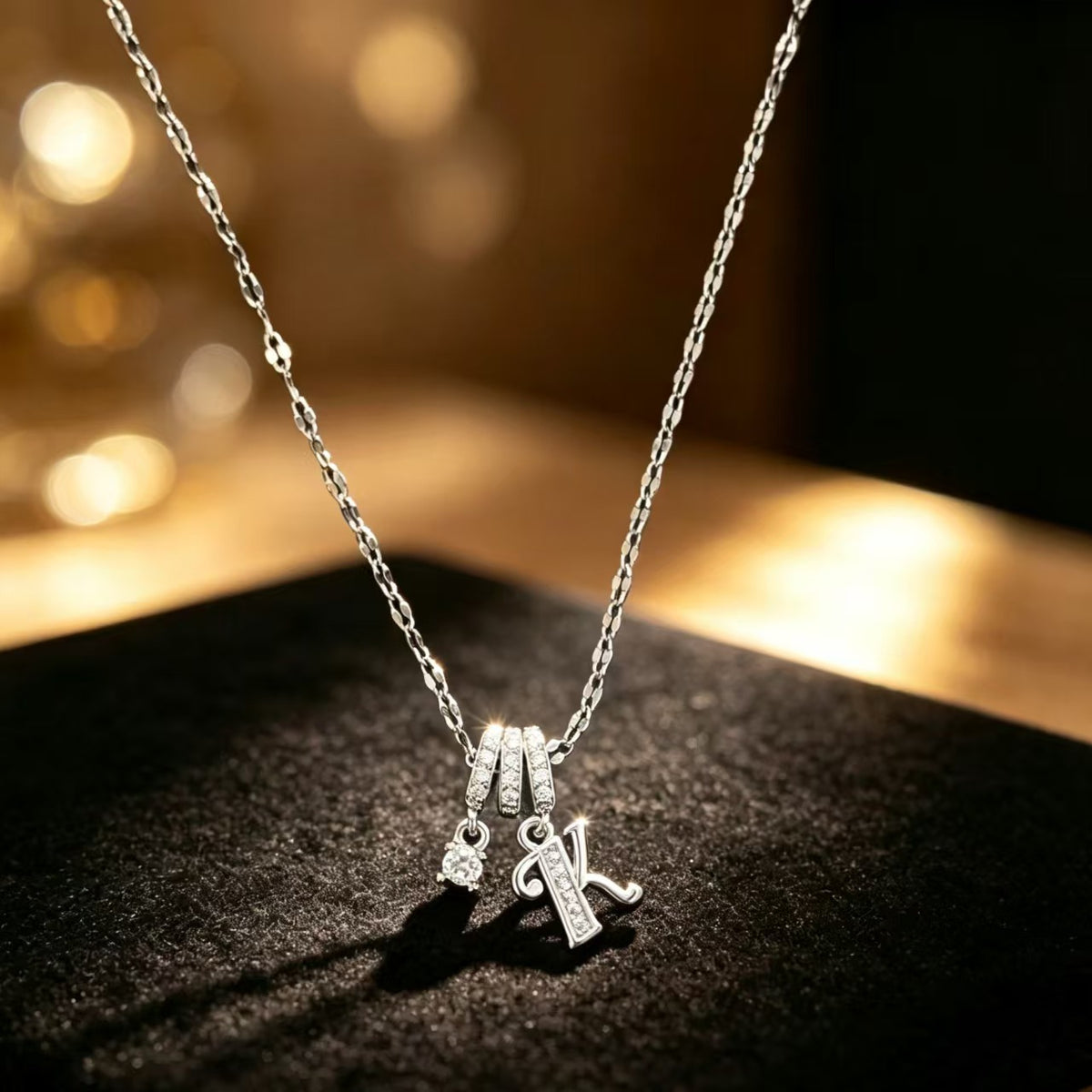 Copper Zircon Letter Necklace | Silver-Tone A-Z Initial Pendant | Stainless Steel Lip Chain