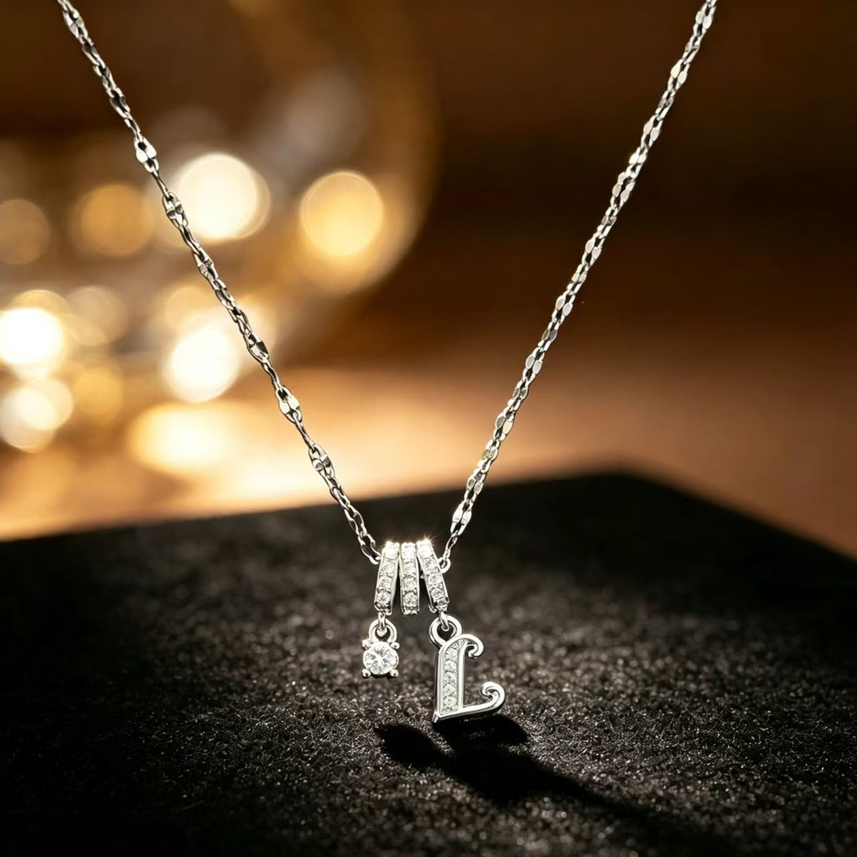 Copper Zircon Letter Necklace | Silver-Tone A-Z Initial Pendant | Stainless Steel Lip Chain