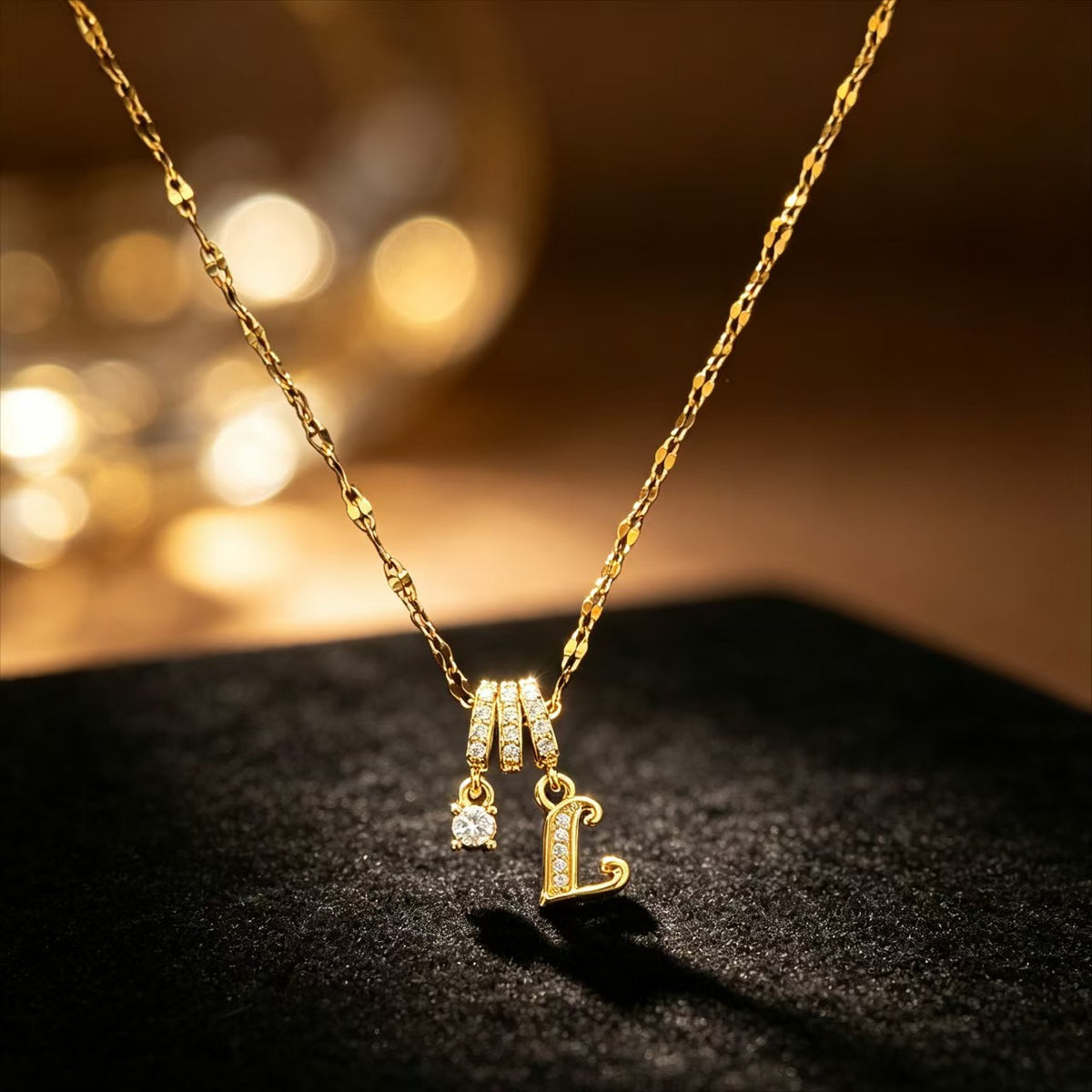 Copper Zircon Letter Necklace | Gold-Tone A-Z Initial Pendant | Stainless Steel Lip Chain