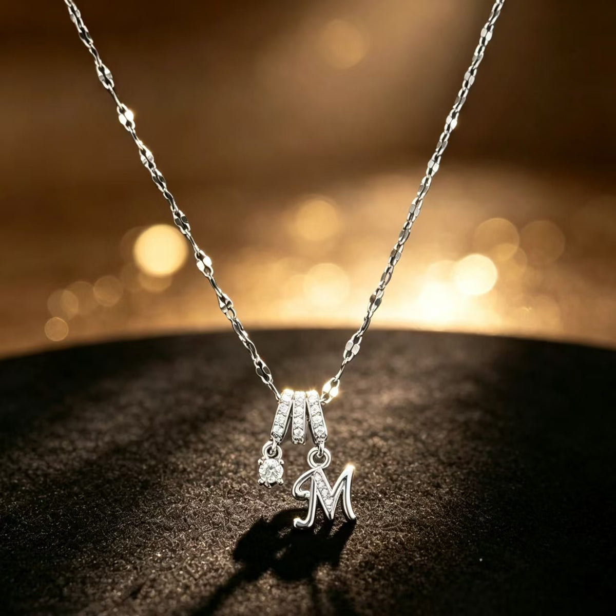 Copper Zircon Letter Necklace | Silver-Tone A-Z Initial Pendant | Stainless Steel Lip Chain