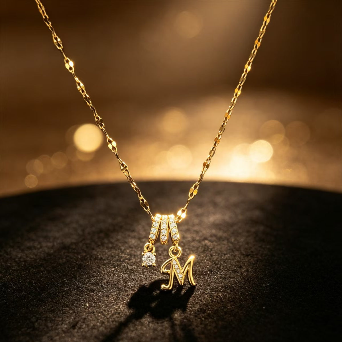 Copper Zircon Letter Necklace | Gold-Tone A-Z Initial Pendant | Stainless Steel Lip Chain