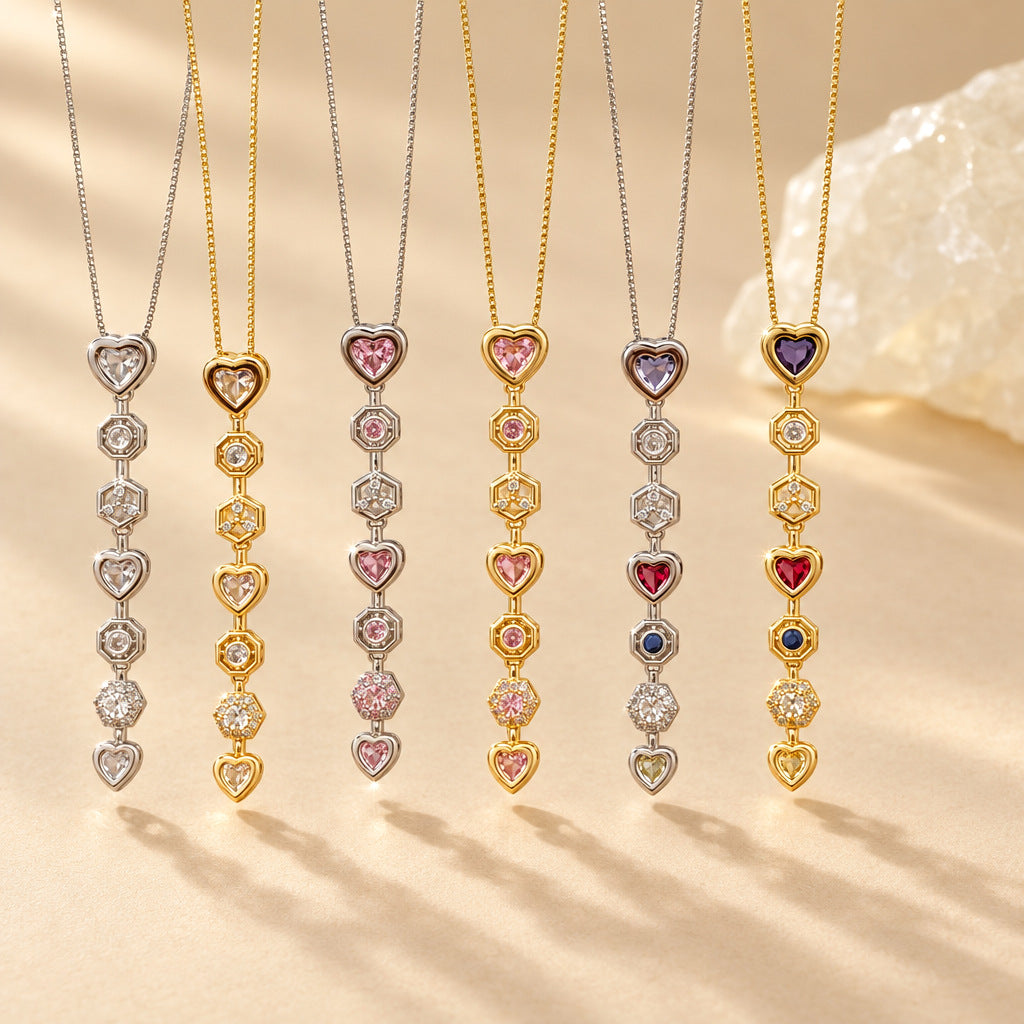 Heart Zircon Y Lariat Necklace | White Pink Multicolor Pendant | Copper Box Chain