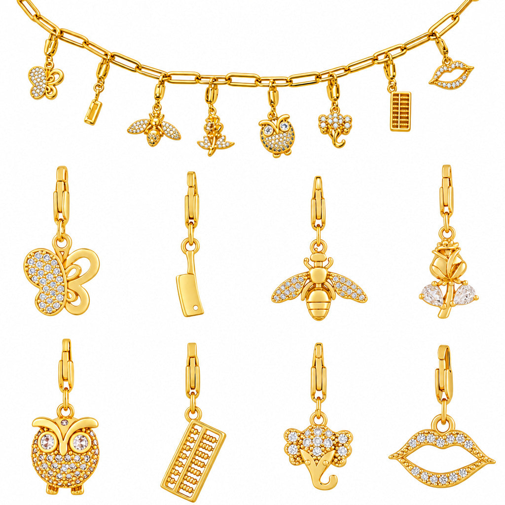 DIY Detachable Lobster Clasp Charm Necklace | Bee Butterfly Owl Zircon Pendant | Gold Stainless Steel O-Link Paperclip Chain