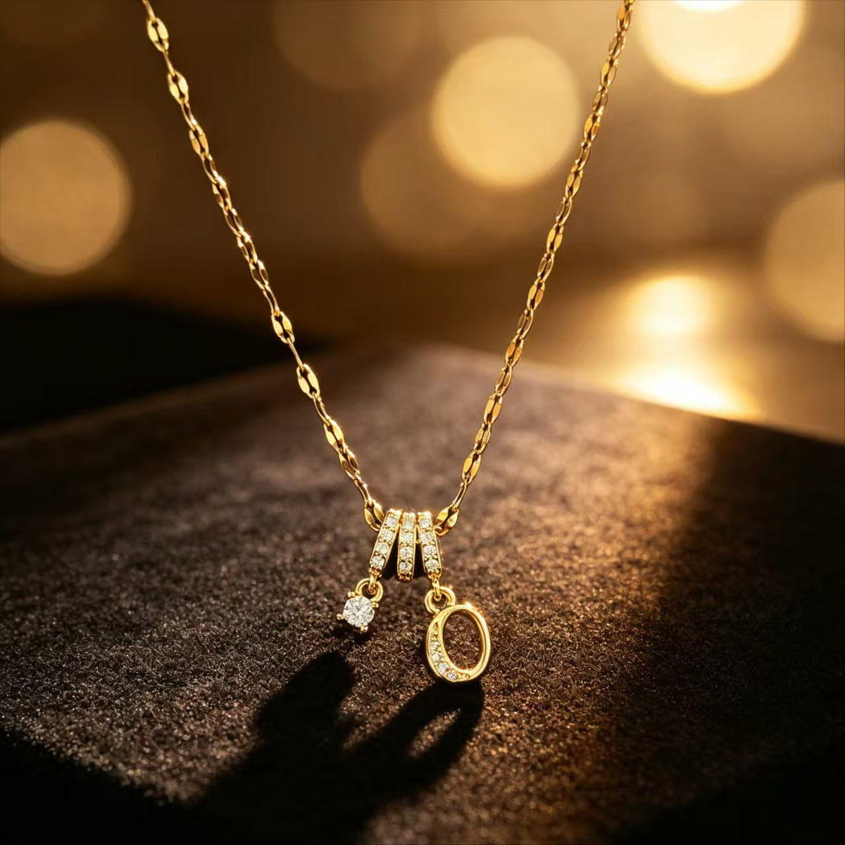 Copper Zircon Letter Necklace | Gold-Tone A-Z Initial Pendant | Stainless Steel Lip Chain