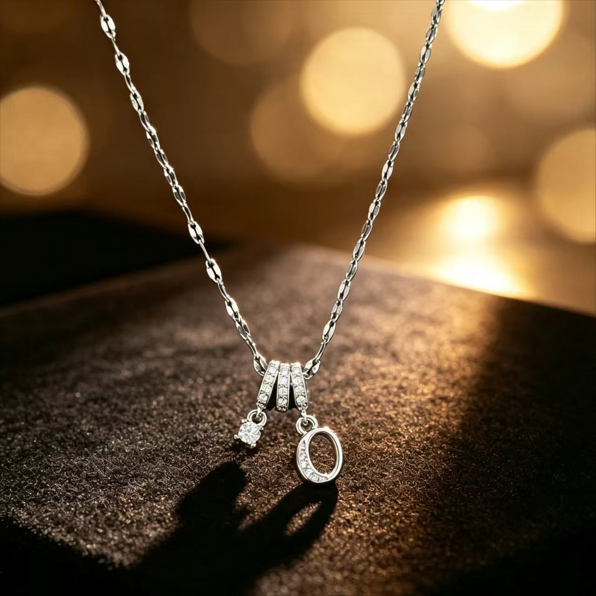 Copper Zircon Letter Necklace | Silver-Tone A-Z Initial Pendant | Stainless Steel Lip Chain