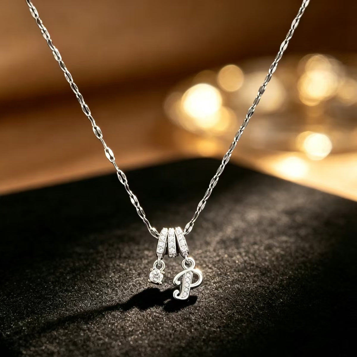 Copper Zircon Letter Necklace | Silver-Tone A-Z Initial Pendant | Stainless Steel Lip Chain