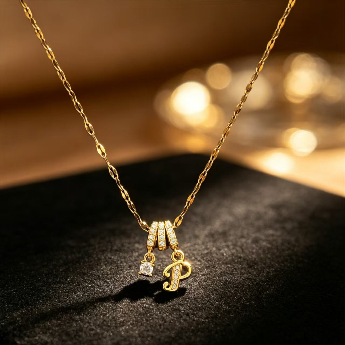 Copper Zircon Letter Necklace | Gold-Tone A-Z Initial Pendant | Stainless Steel Lip Chain
