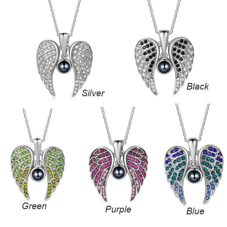 Personalized angel wings necklace with custom photo projection stone