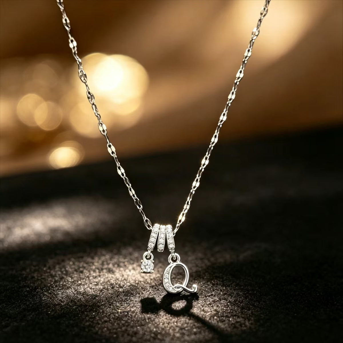 Copper Zircon Letter Necklace | Silver-Tone A-Z Initial Pendant | Stainless Steel Lip Chain