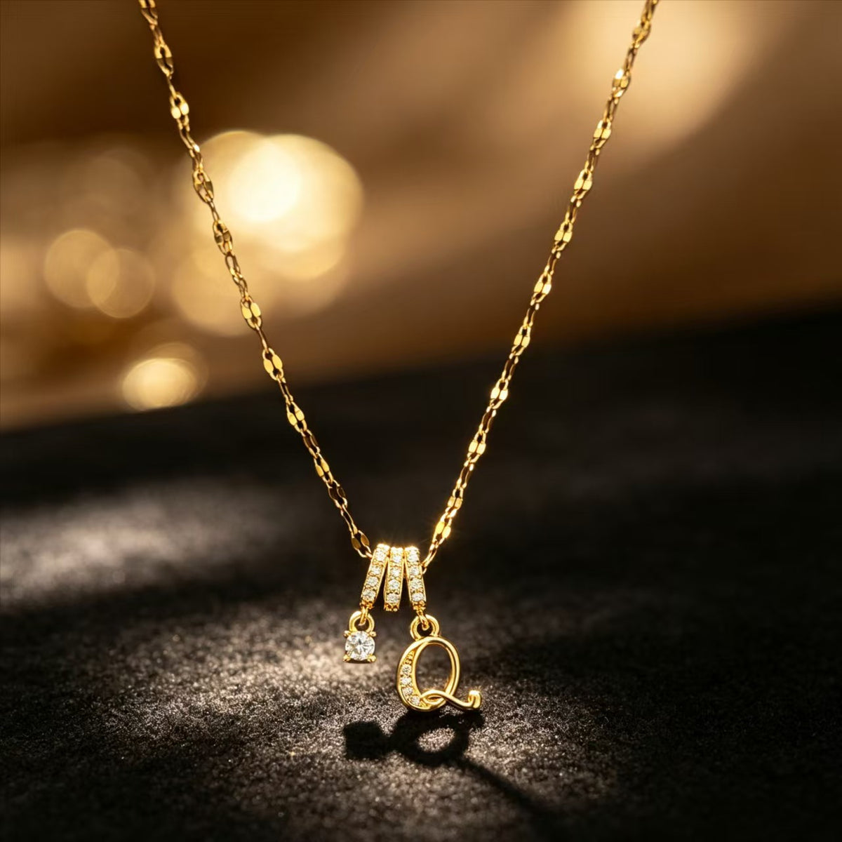Copper Zircon Letter Necklace | Gold-Tone A-Z Initial Pendant | Stainless Steel Lip Chain