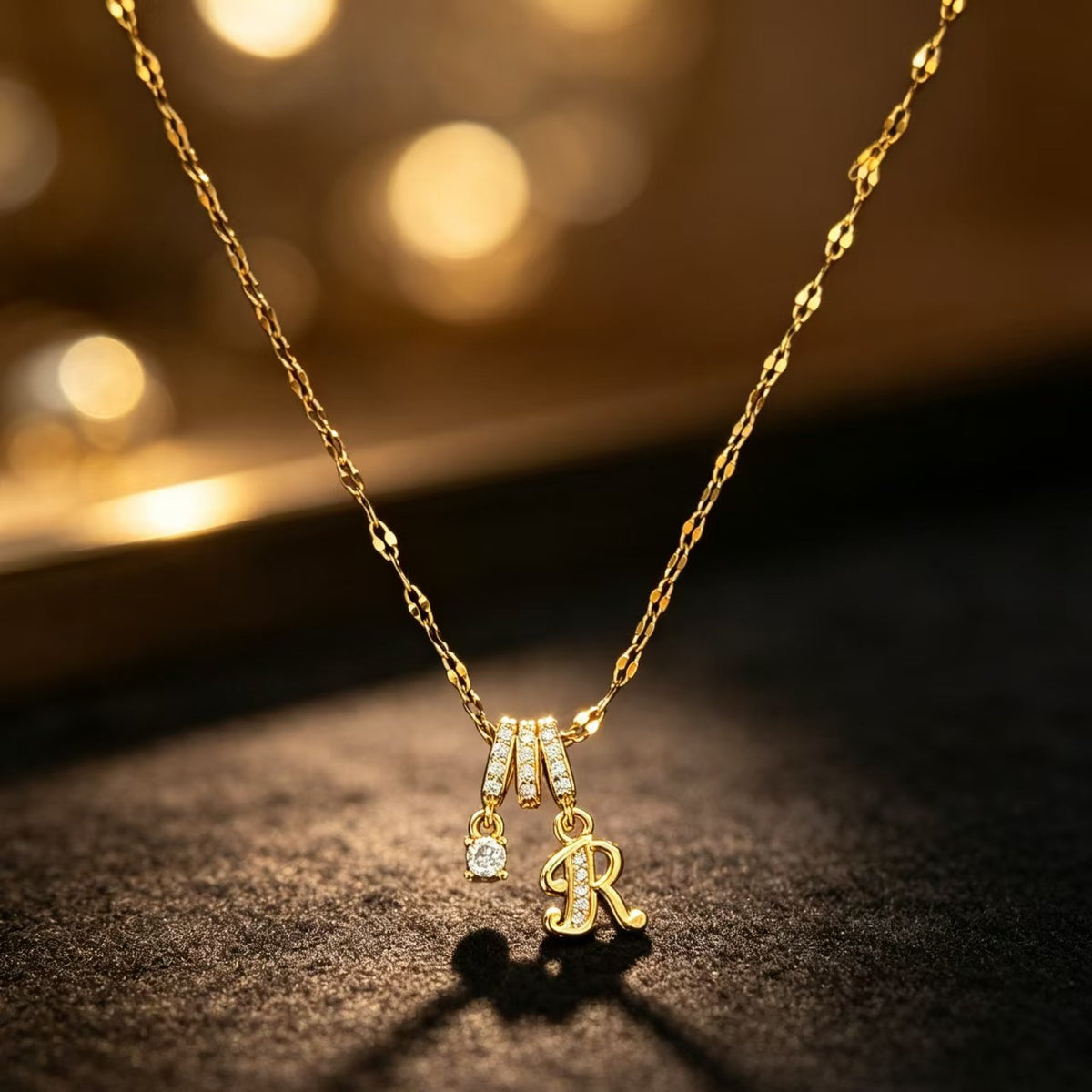 Copper Zircon Letter Necklace | Gold-Tone A-Z Initial Pendant | Stainless Steel Lip Chain