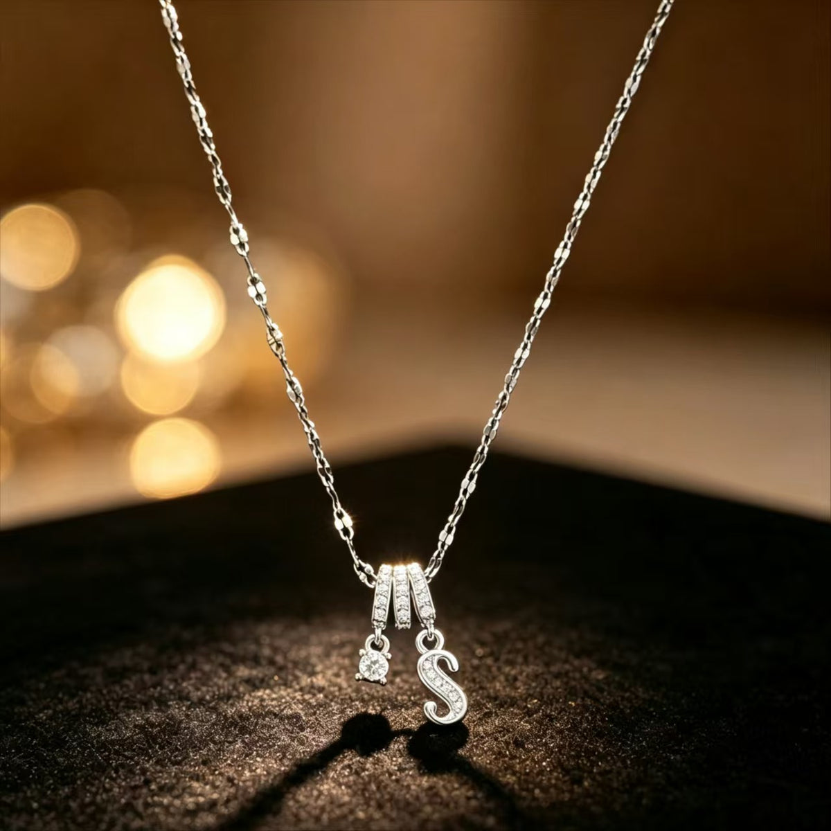 Copper Zircon Letter Necklace | Silver-Tone A-Z Initial Pendant | Stainless Steel Lip Chain