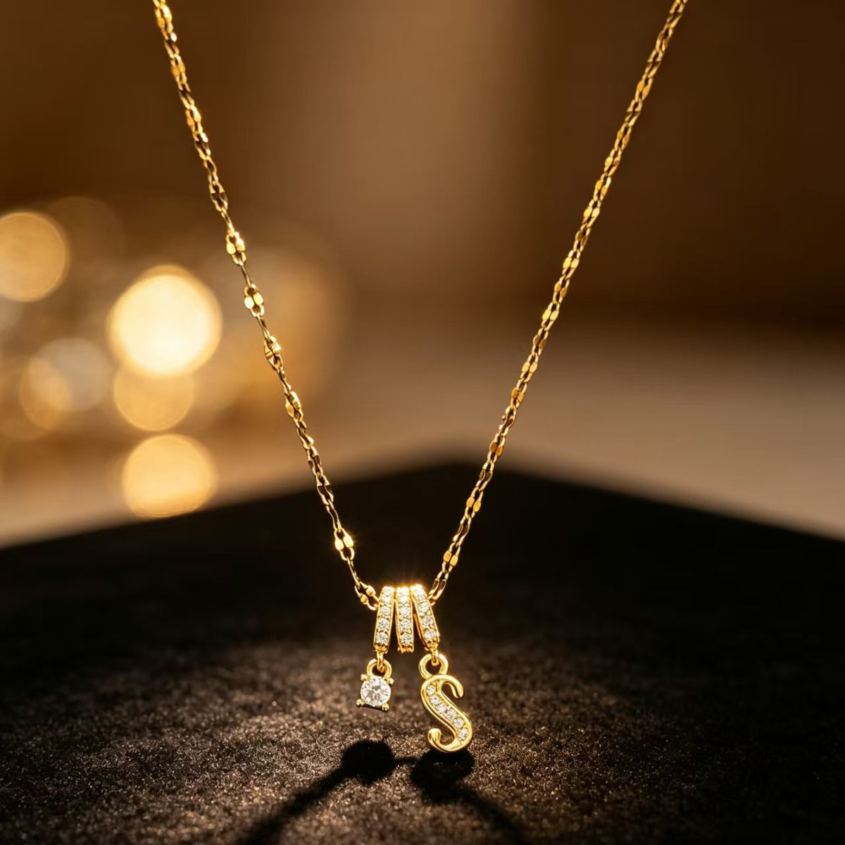Copper Zircon Letter Necklace | Gold-Tone A-Z Initial Pendant | Stainless Steel Lip Chain