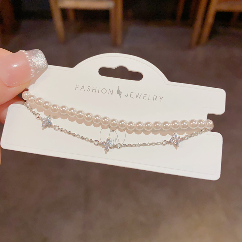 Silver double layer pearl zircon bracelet