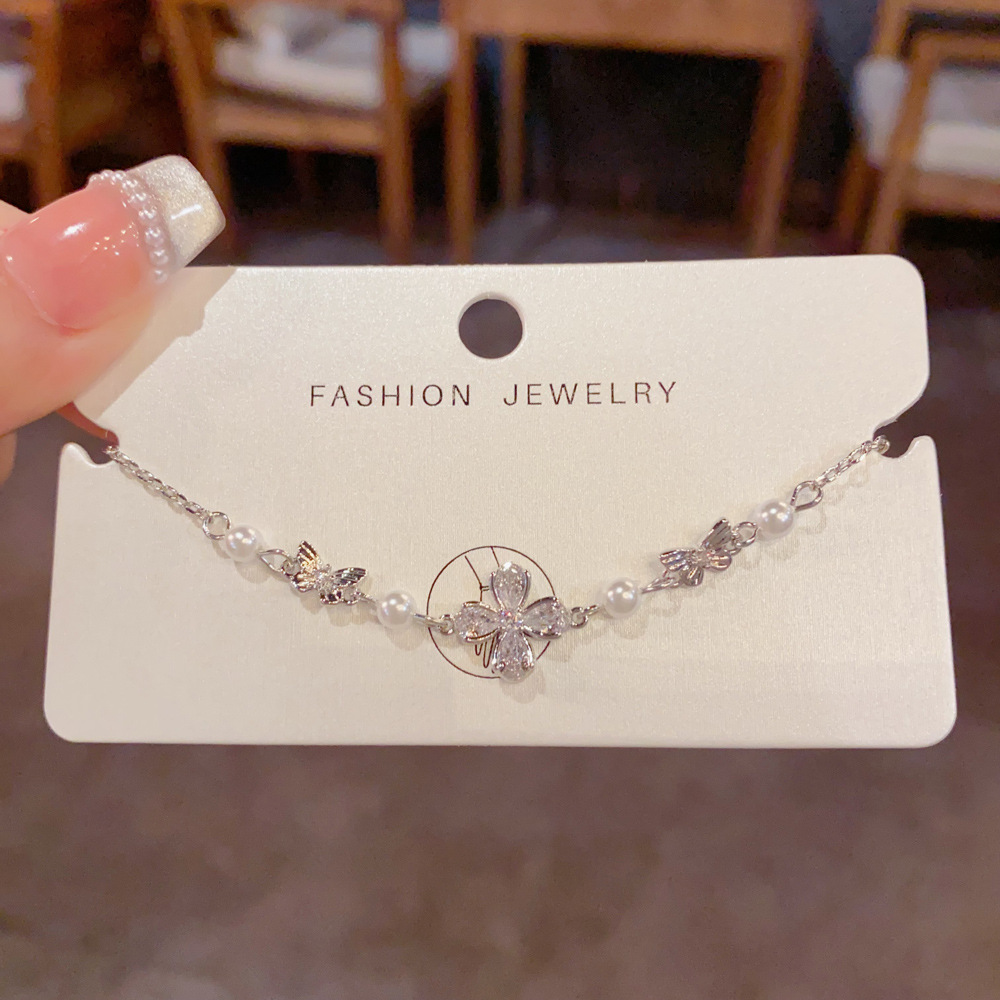 Zircon Petal Bow Pearl Bracelet | Gold & Silver Delicate Bracelet for Women