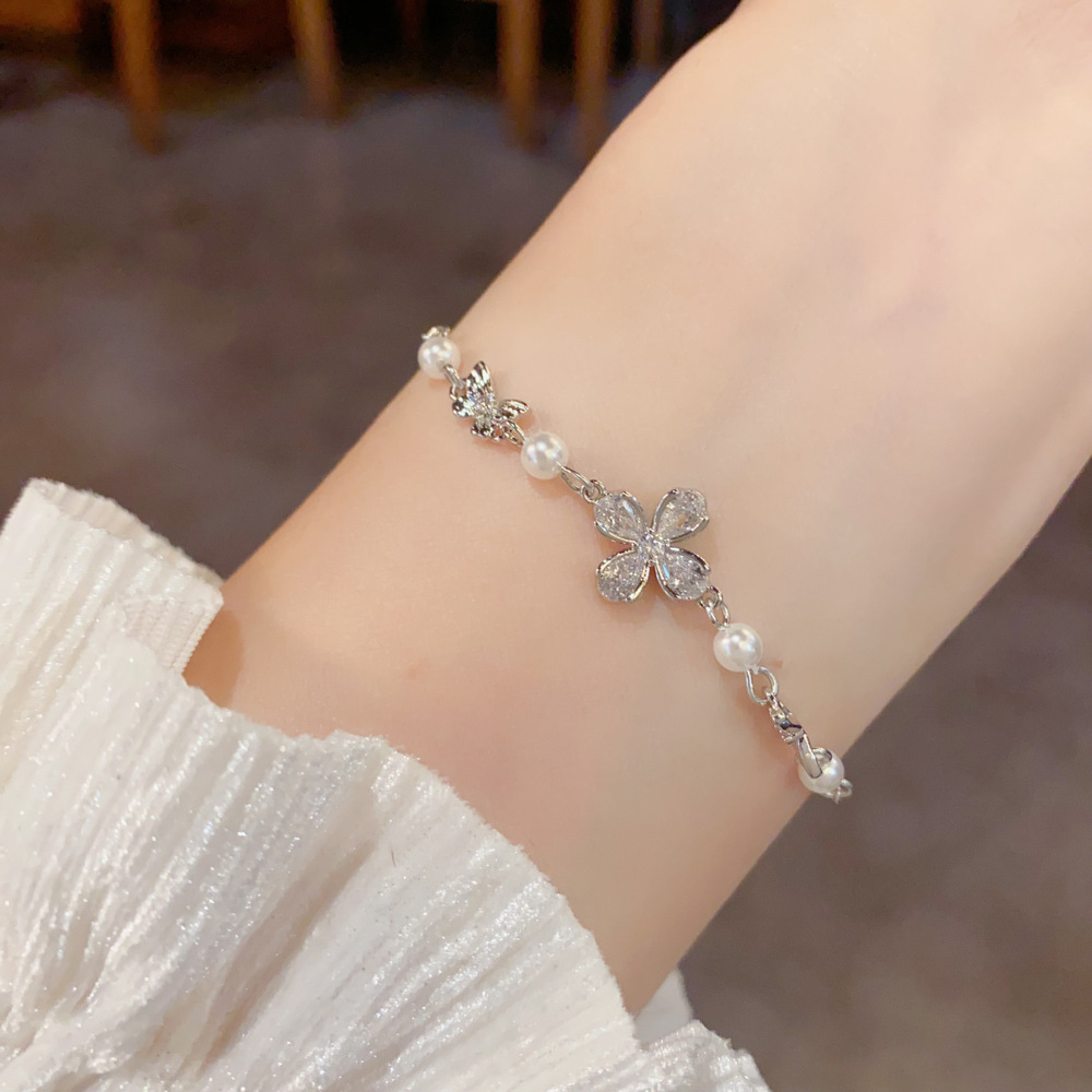 Zircon Petal Bow Pearl Bracelet | Gold & Silver Delicate Bracelet for Women