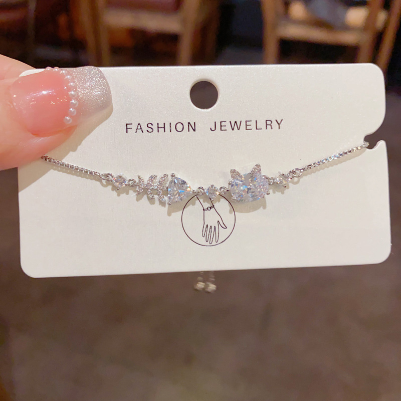 Zircon Cat Fishbone Slider Bracelet | Gold & Silver Sparkling Luxury Bracelet