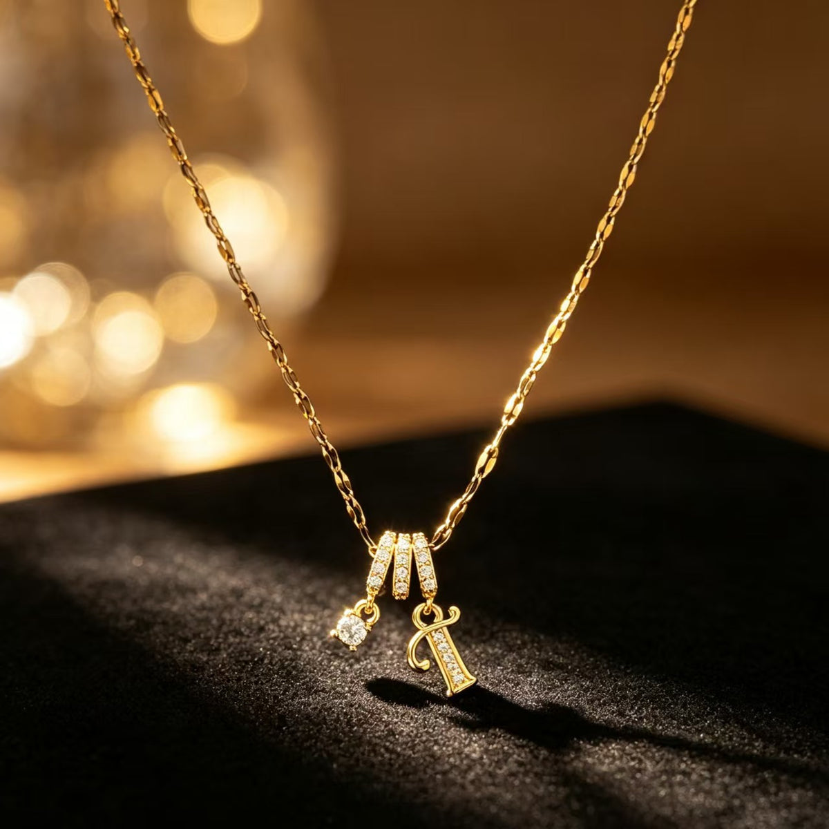 Copper Zircon Letter Necklace | Gold-Tone A-Z Initial Pendant | Stainless Steel Lip Chain