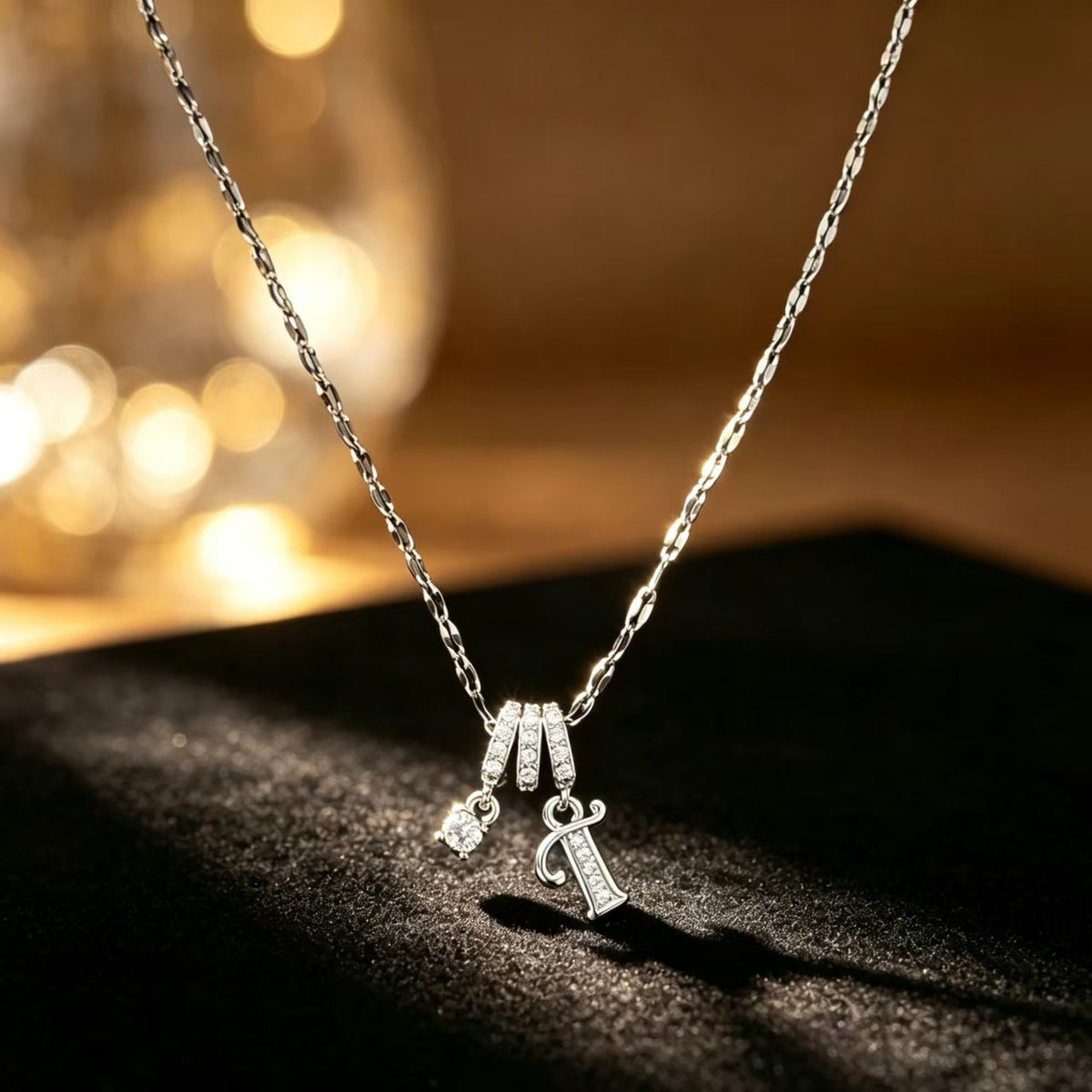 Copper Zircon Letter Necklace | Silver-Tone A-Z Initial Pendant | Stainless Steel Lip Chain