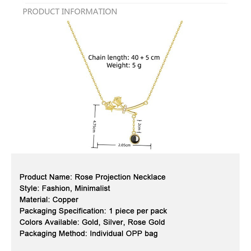 Personalized crossed rose projection necklace with custom message