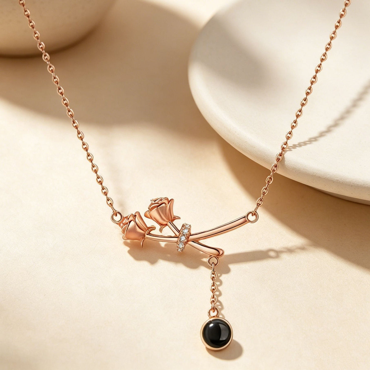 Crossed rose personalized anniversary projection necklace