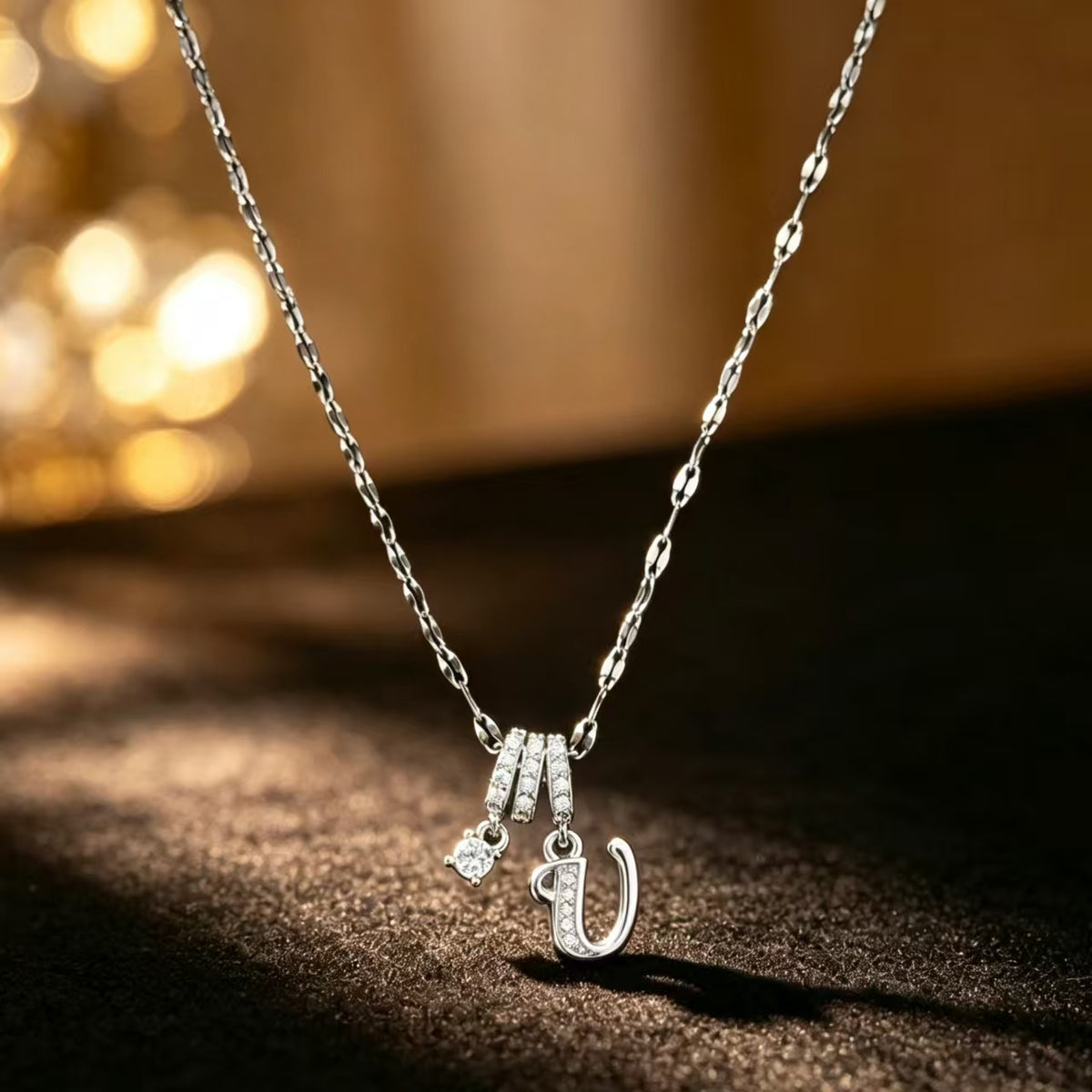 Copper Zircon Letter Necklace | Silver-Tone A-Z Initial Pendant | Stainless Steel Lip Chain