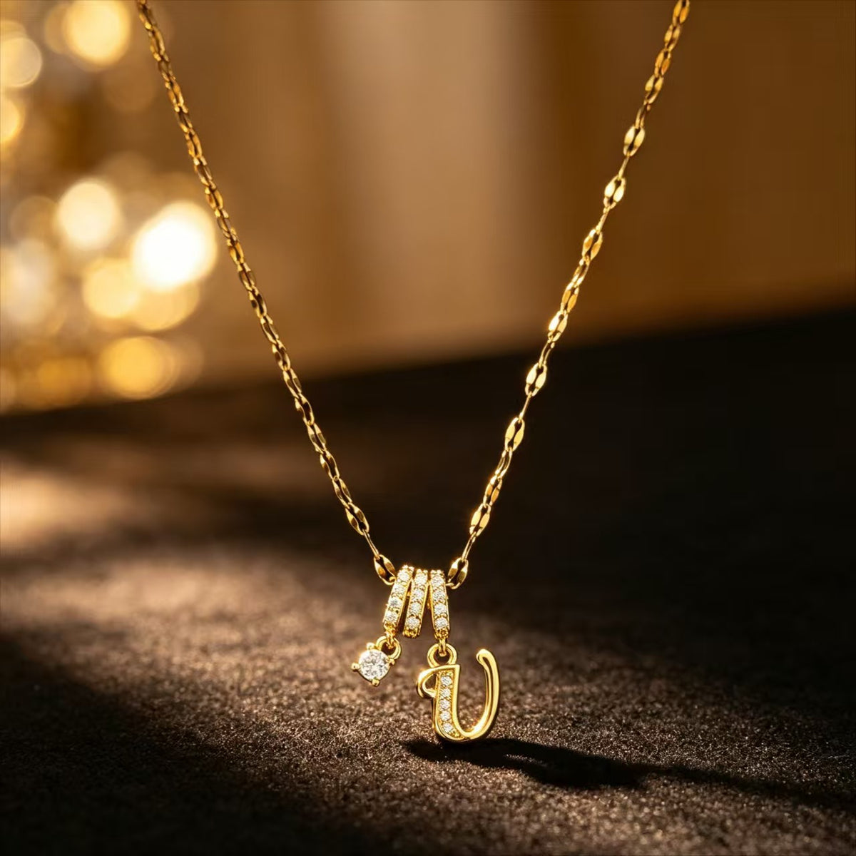 Copper Zircon Letter Necklace | Gold-Tone A-Z Initial Pendant | Stainless Steel Lip Chain