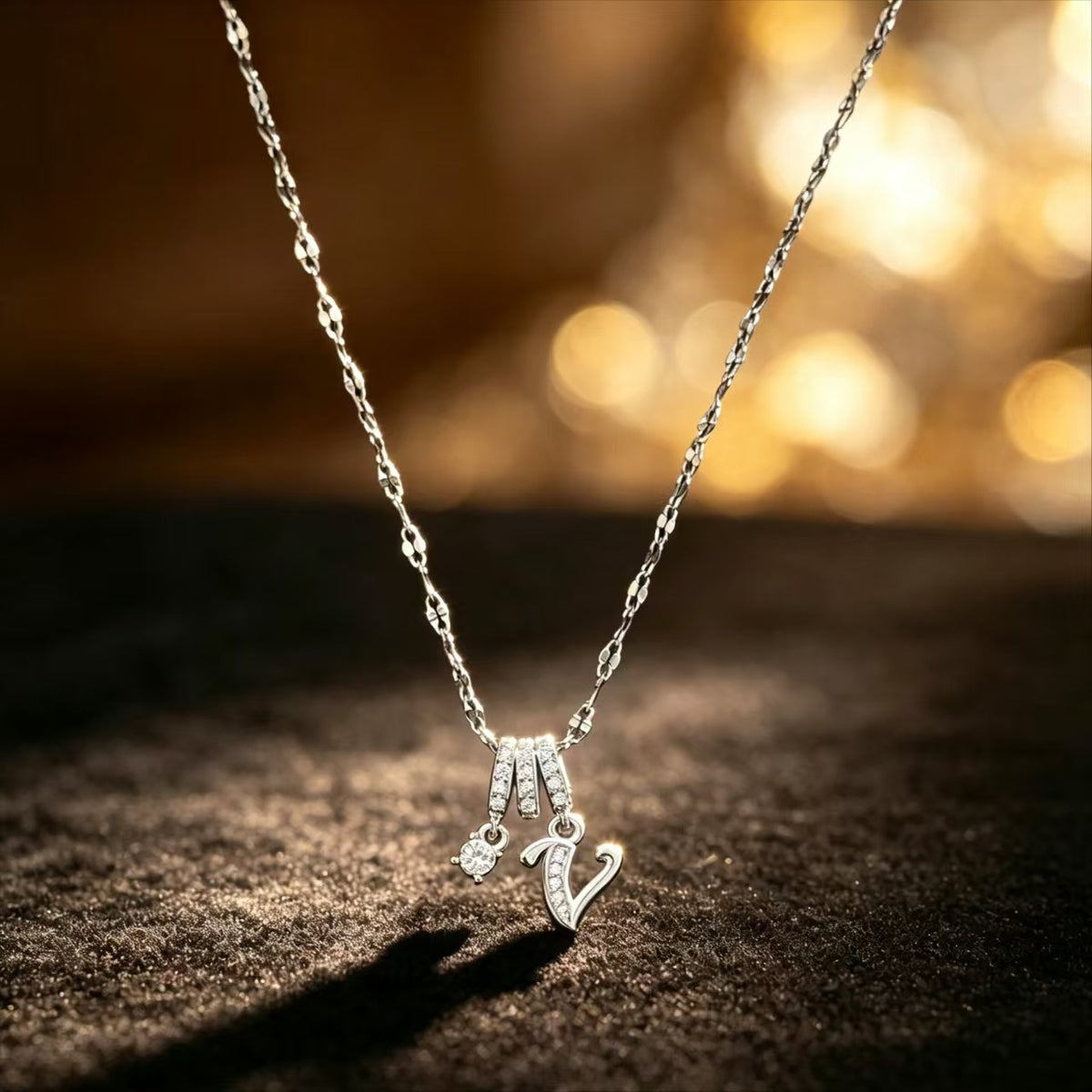 Copper Zircon Letter Necklace | Silver-Tone A-Z Initial Pendant | Stainless Steel Lip Chain