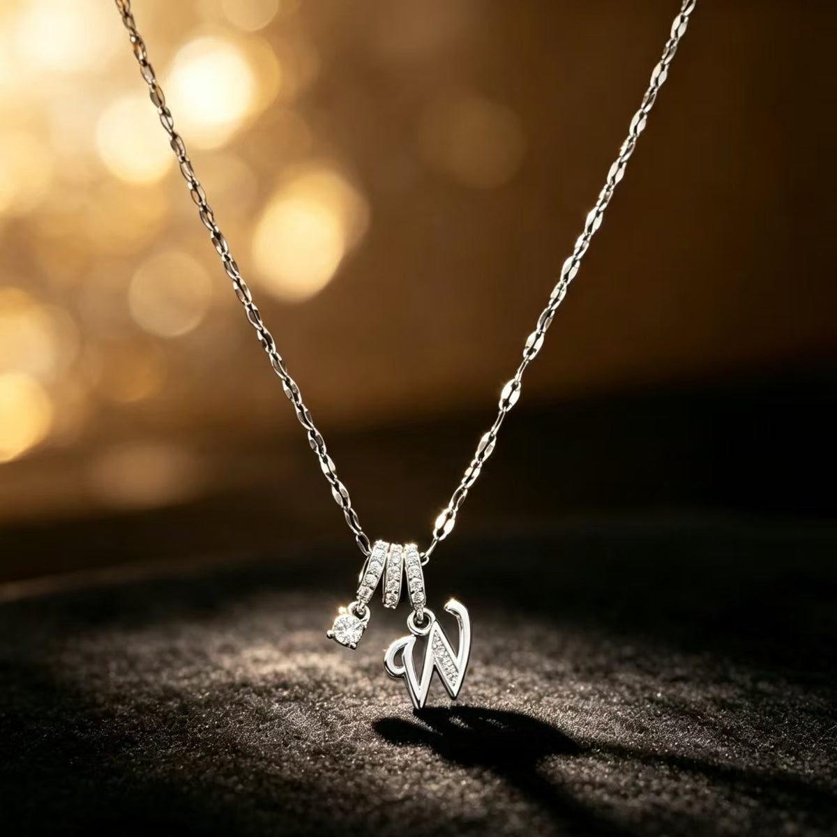 Copper Zircon Letter Necklace | Silver-Tone A-Z Initial Pendant | Stainless Steel Lip Chain