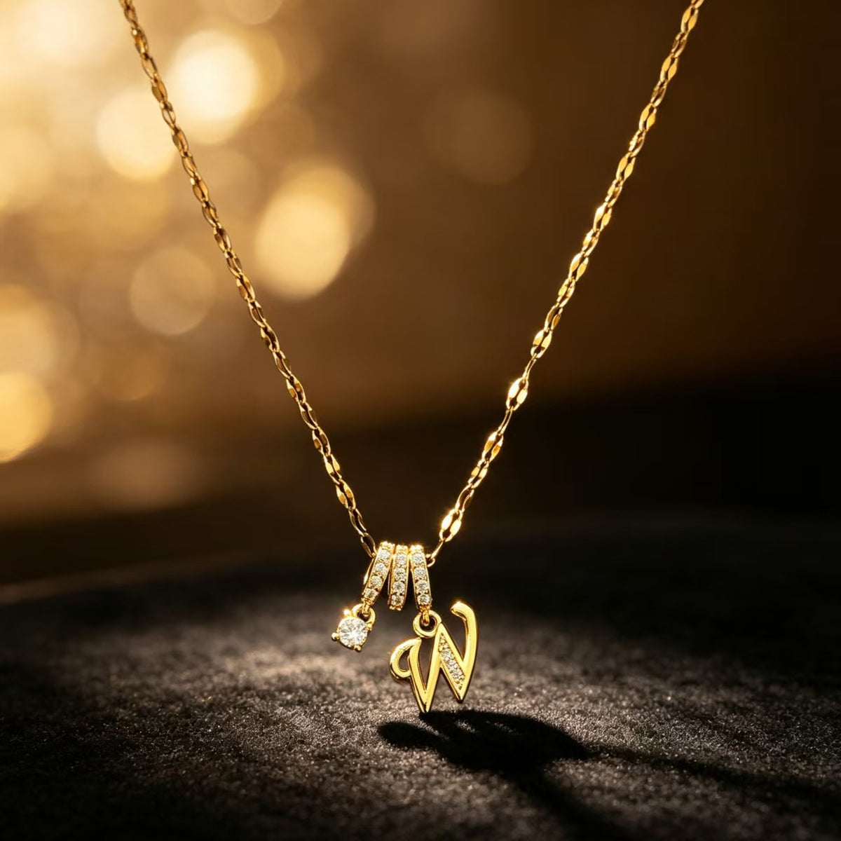 Copper Zircon Letter Necklace | Gold-Tone A-Z Initial Pendant | Stainless Steel Lip Chain