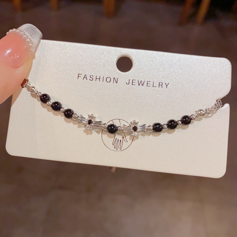 Black Beaded Cross Bracelet | Silver-Tone Floral Bracelet for Women