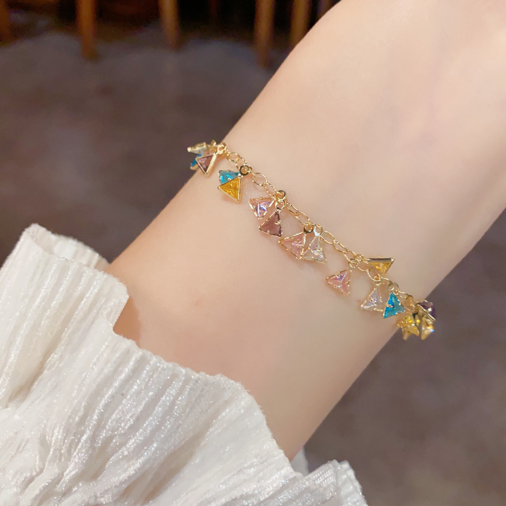 Colorful Zircon Triangle Tassel Bracelet | 14K Gold Plated Bracelet for Women