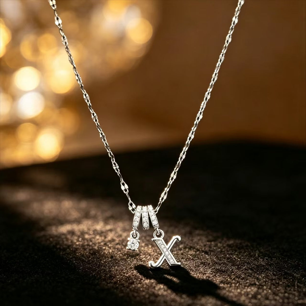 Copper Zircon Letter Necklace | Silver-Tone A-Z Initial Pendant | Stainless Steel Lip Chain