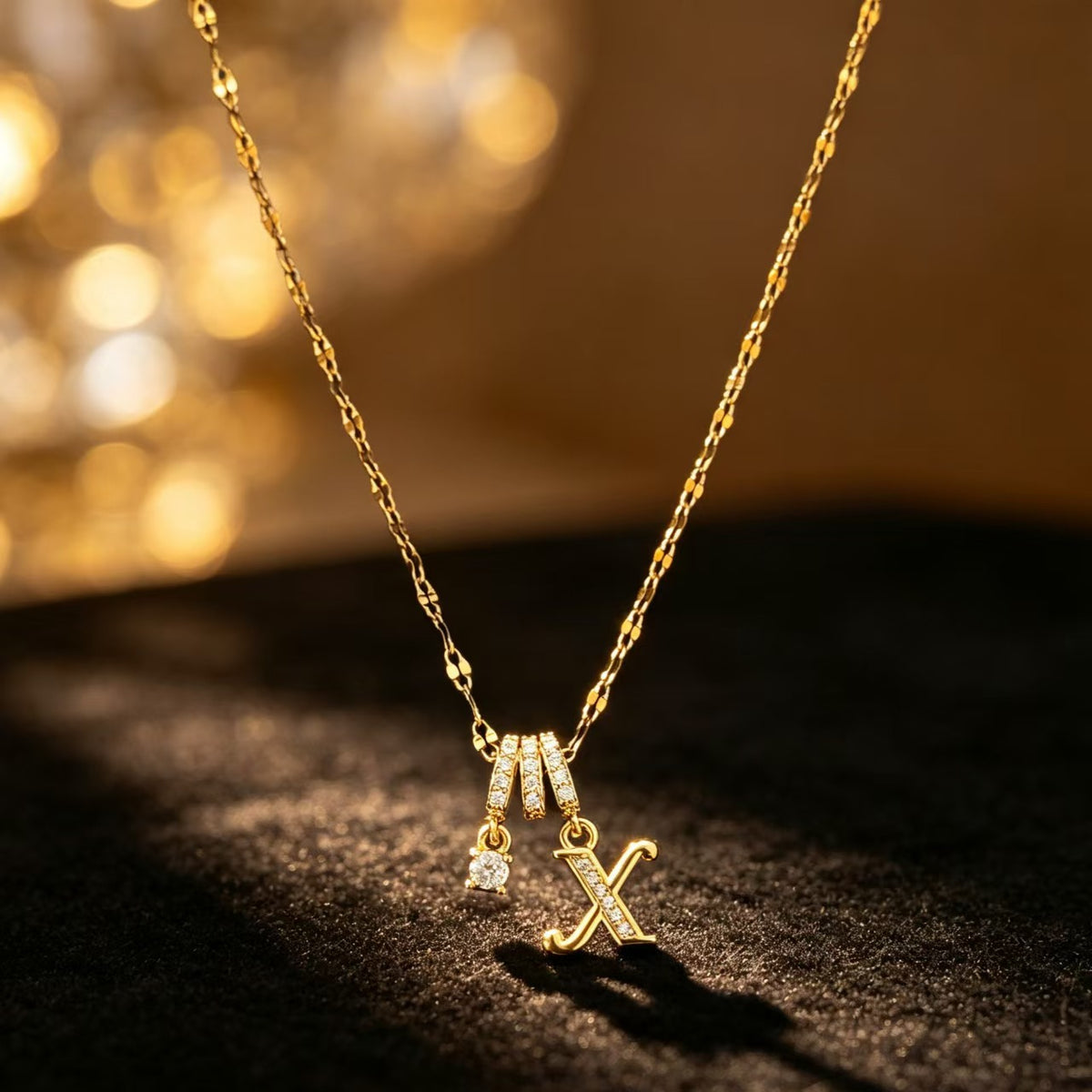 Copper Zircon Letter Necklace | Gold-Tone A-Z Initial Pendant | Stainless Steel Lip Chain