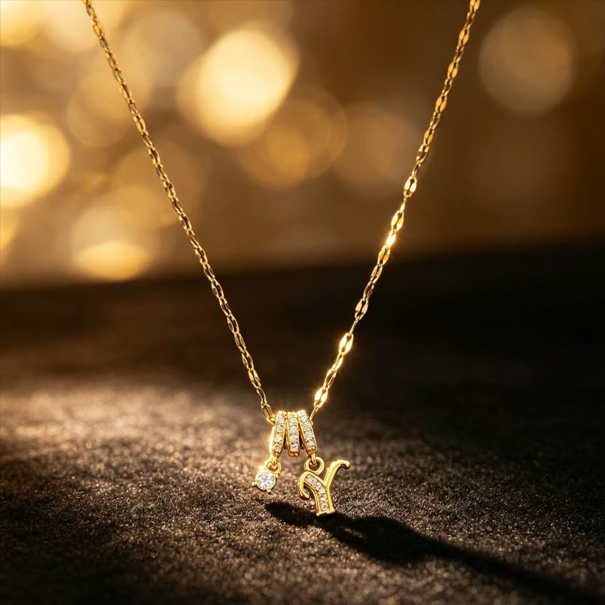 Copper Zircon Letter Necklace | Gold-Tone A-Z Initial Pendant | Stainless Steel Lip Chain