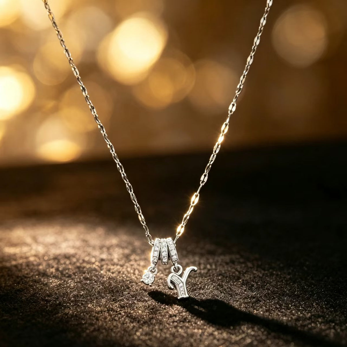 Copper Zircon Letter Necklace | Silver-Tone A-Z Initial Pendant | Stainless Steel Lip Chain