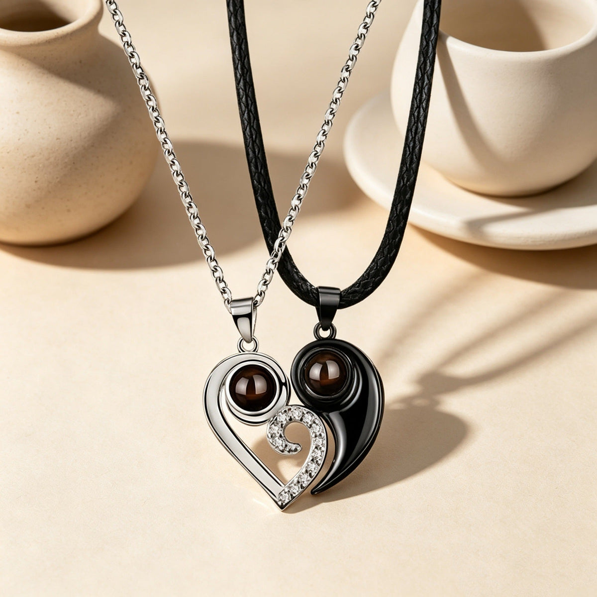 Yin Yang heart projection couple necklace with matching pendants