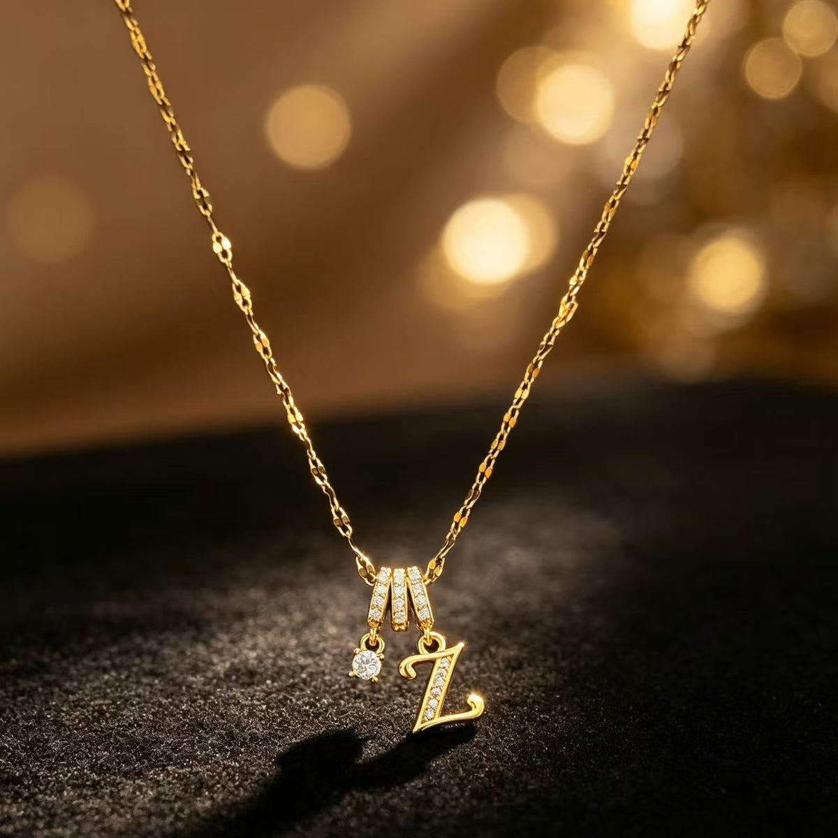 Copper Zircon Letter Necklace | Gold-Tone A-Z Initial Pendant | Stainless Steel Lip Chain