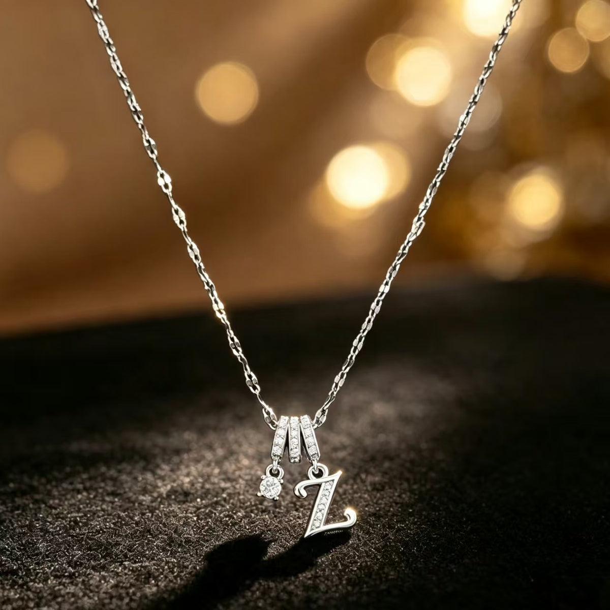 Copper Zircon Letter Necklace | Silver-Tone A-Z Initial Pendant | Stainless Steel Lip Chain