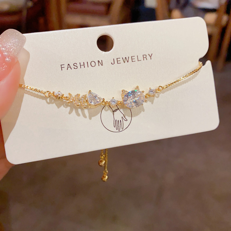 Zircon Cat Fishbone Slider Bracelet | Gold & Silver Sparkling Luxury Bracelet