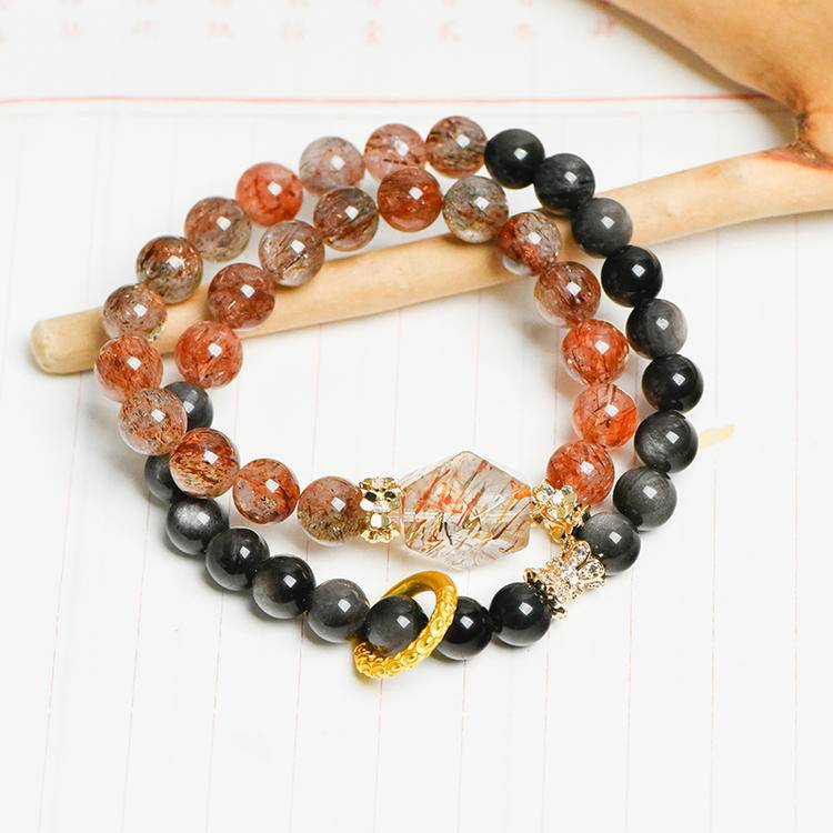 Natural Black Gold Super Seven Crystal & Silver Obsidian Double Wrap Bracelet – Boho Gemstone Statement Jewelry