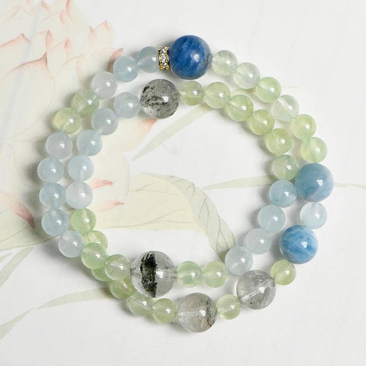 Water Wood Inspired Natural Gemstone Bracelet | Aquamarine & Green Phantom Quartz
