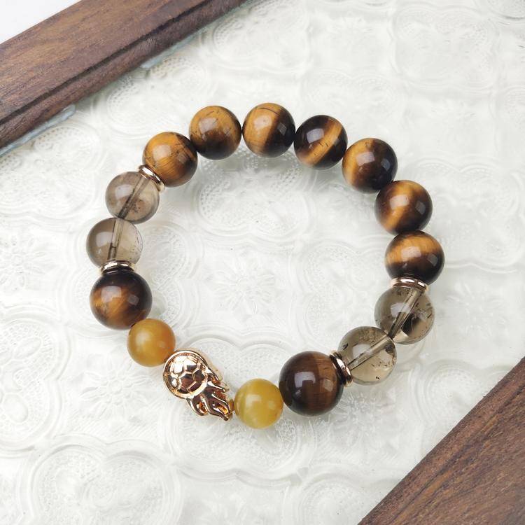 Men's Tiger Eye & Smoky Quartz Bracelet – Natural 12mm Gemstone Beads